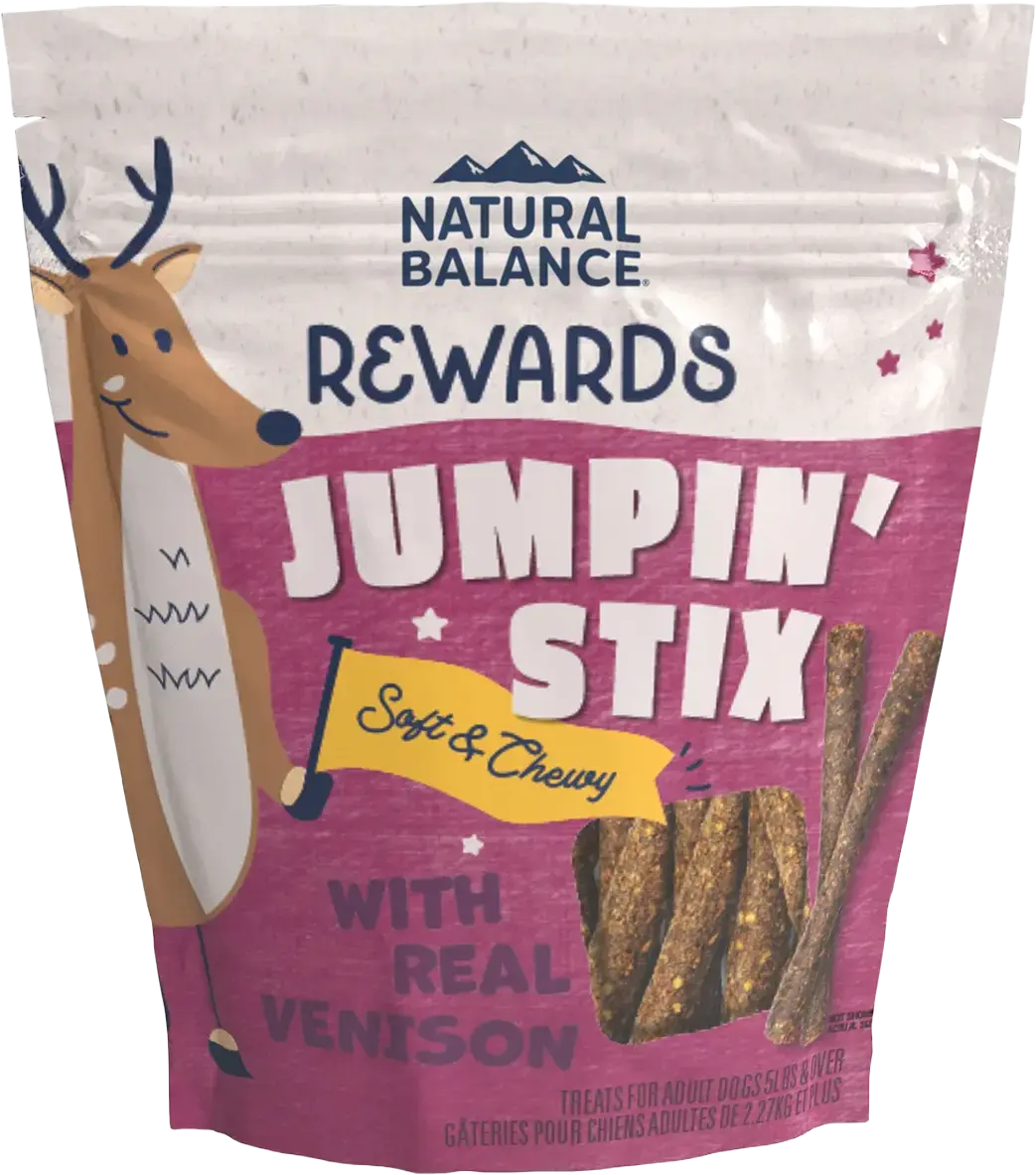 Front of Natural Balance Pet Foods Rewards Jumpin' Stix Soft & Meaty Dog Treats Venison 4-oz