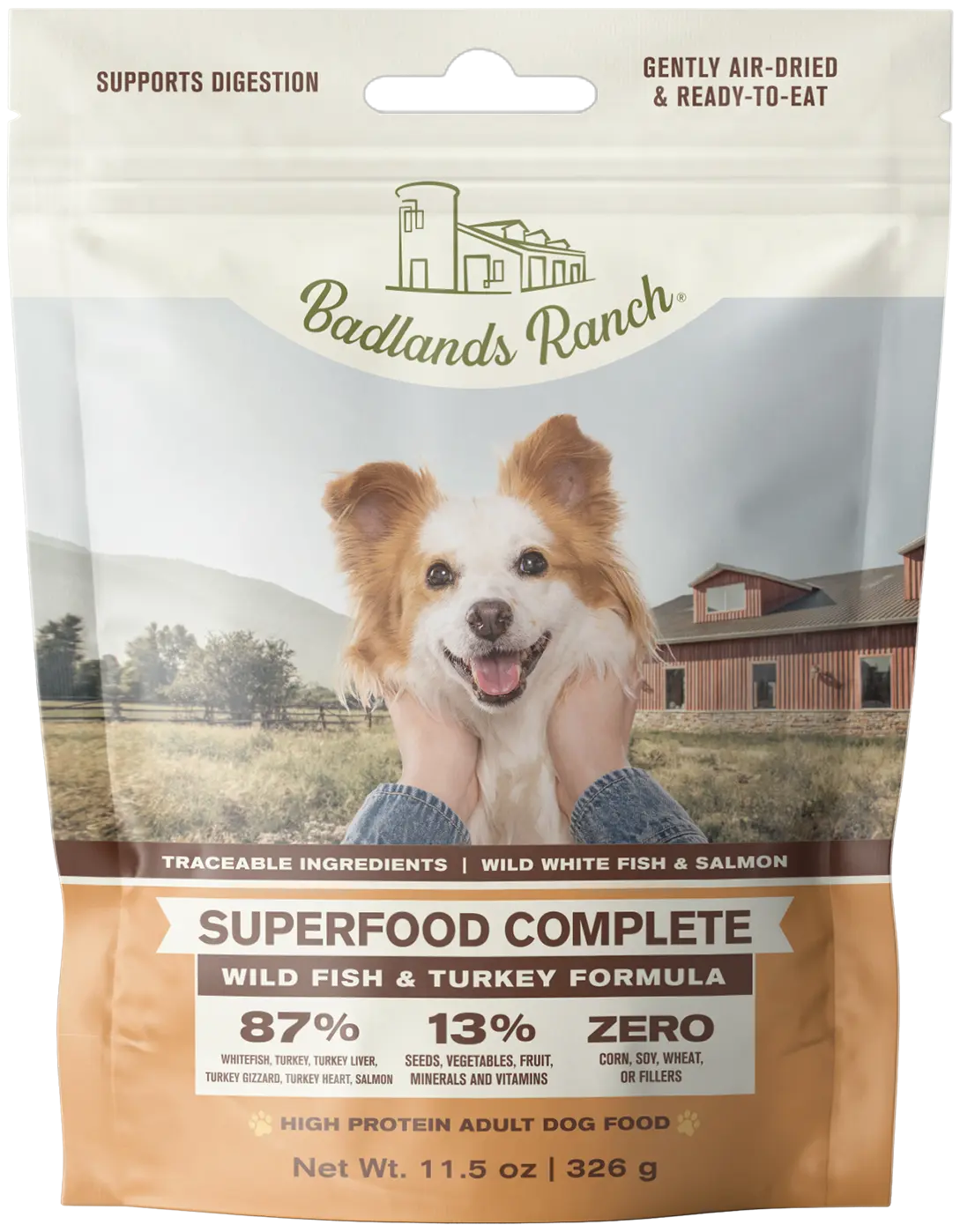 Front of Badlands Ranch Superfood Complete Air-Dried Dog Food Wild Fish & Turkey 11.5-oz