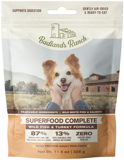 Front of Badlands Ranch Superfood Complete Air-Dried Dog Food Wild Fish & Turkey 11.5-oz