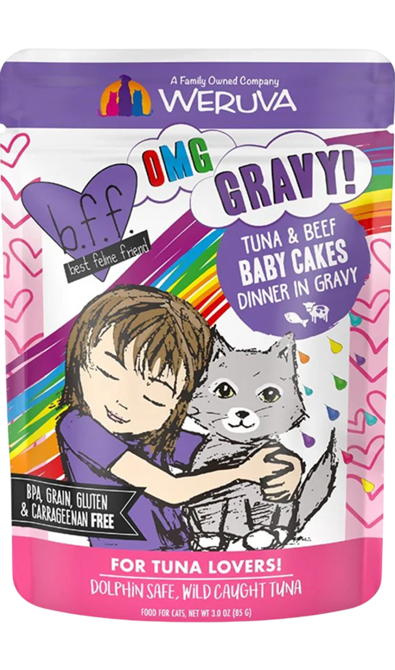 Front of Weruva B.F.F. OMG Tuna & Beef Baby Cakes Dinner in Gravy Wet Cat Food Pouches 3-oz