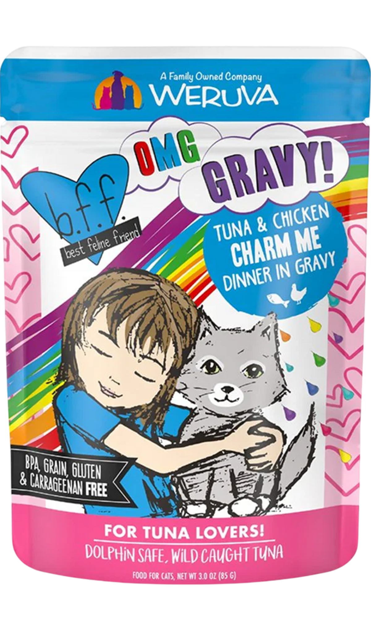 Front of Weruva B.F.F. OMG Tuna & Chicken Charm Me Dinner in Gravy Wet Cat Food Pouches 3-oz