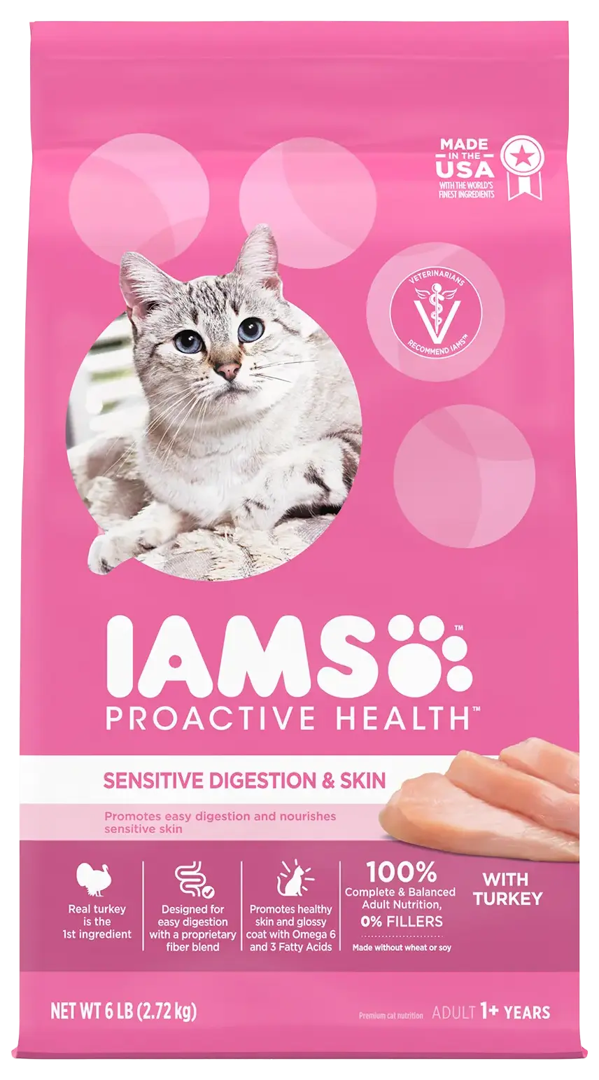 Front of IAMS Proactive Health Sensitive Digestion & Skin Adult Dry Cat Food Turkey 6-lb