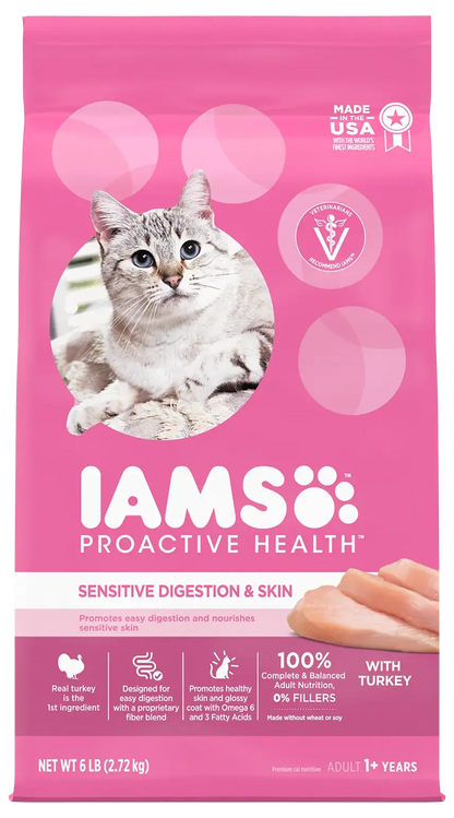 Front of IAMS Proactive Health Sensitive Digestion & Skin Adult Dry Cat Food Turkey 6-lb