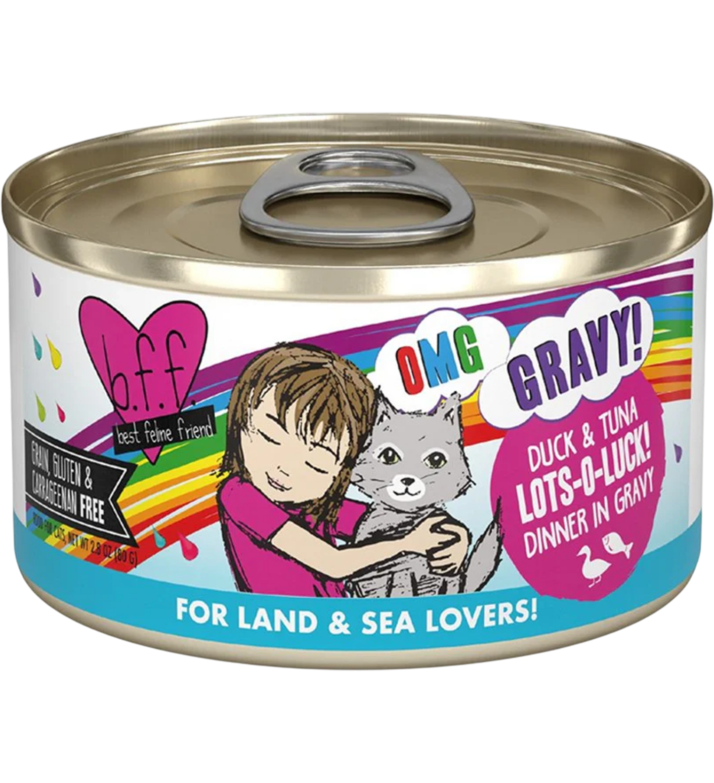 Front of Weruva B.F.F. OMG Duck & Tuna Lots-O-Luck! Dinner in Gravy Wet Cat Food 2.8-oz