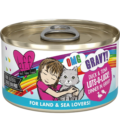 Front of Weruva B.F.F. OMG Duck & Tuna Lots-O-Luck! Dinner in Gravy Wet Cat Food 2.8-oz