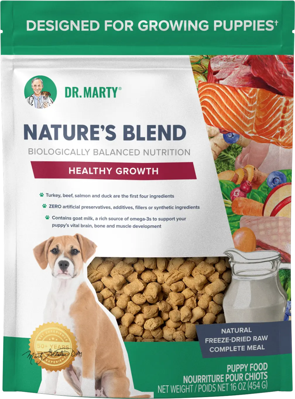 Front of Dr. Marty Nature's Blend Healthy Growth Freeze-Dried Raw Puppy Dog Food 16-oz