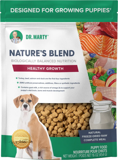 Front of Dr. Marty Nature's Blend Healthy Growth Freeze-Dried Raw Puppy Dog Food 16-oz