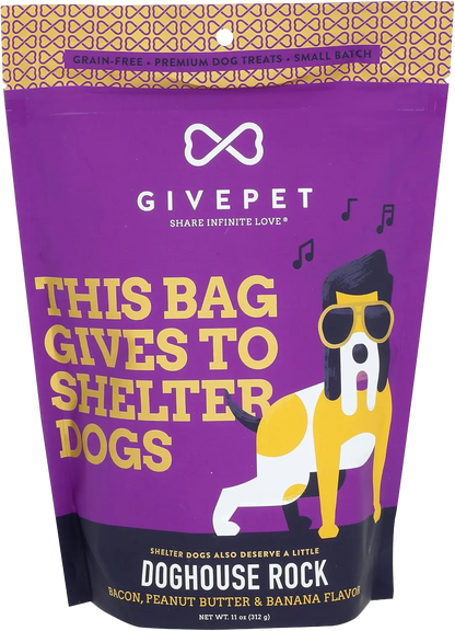 Front of Givepet Dog House Rock Grain-Free Premium Dog Treats Bacon Peanut Butter & Banana 11-oz