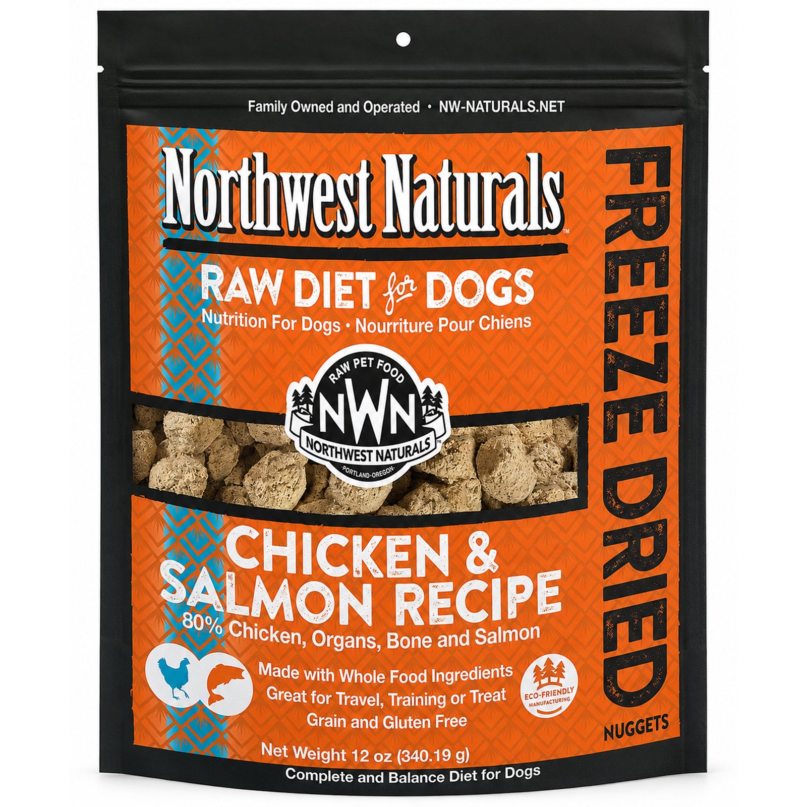 Front of Northwest Naturals Freeze Dried Raw Diet Dog Food Chicken & Salmon Recipe 12-oz