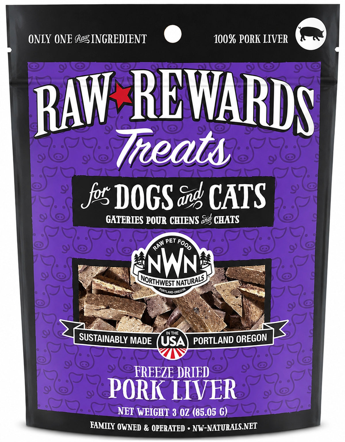 Front of Northwest Naturals Raw Rewards Freeze Dried Dog & Cat Treats Pork Liver 3-oz