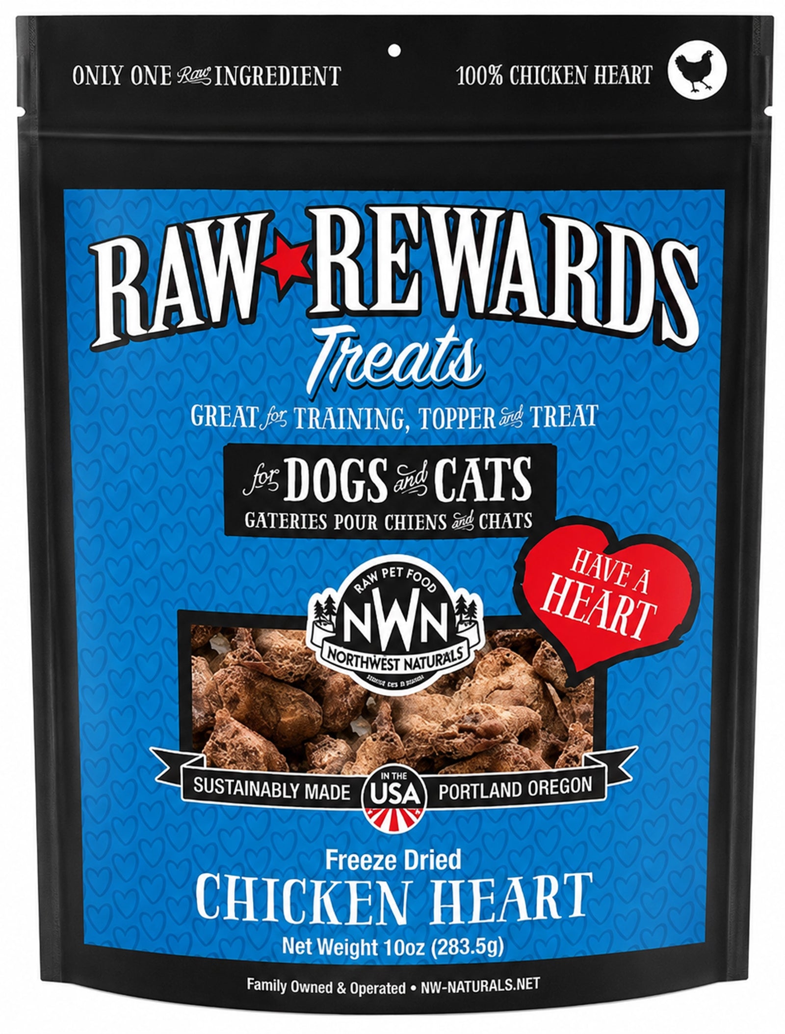 Front of Northwest Naturals Raw Rewards Freeze Dried Dog & Cat Treats Chicken Heart 10-oz