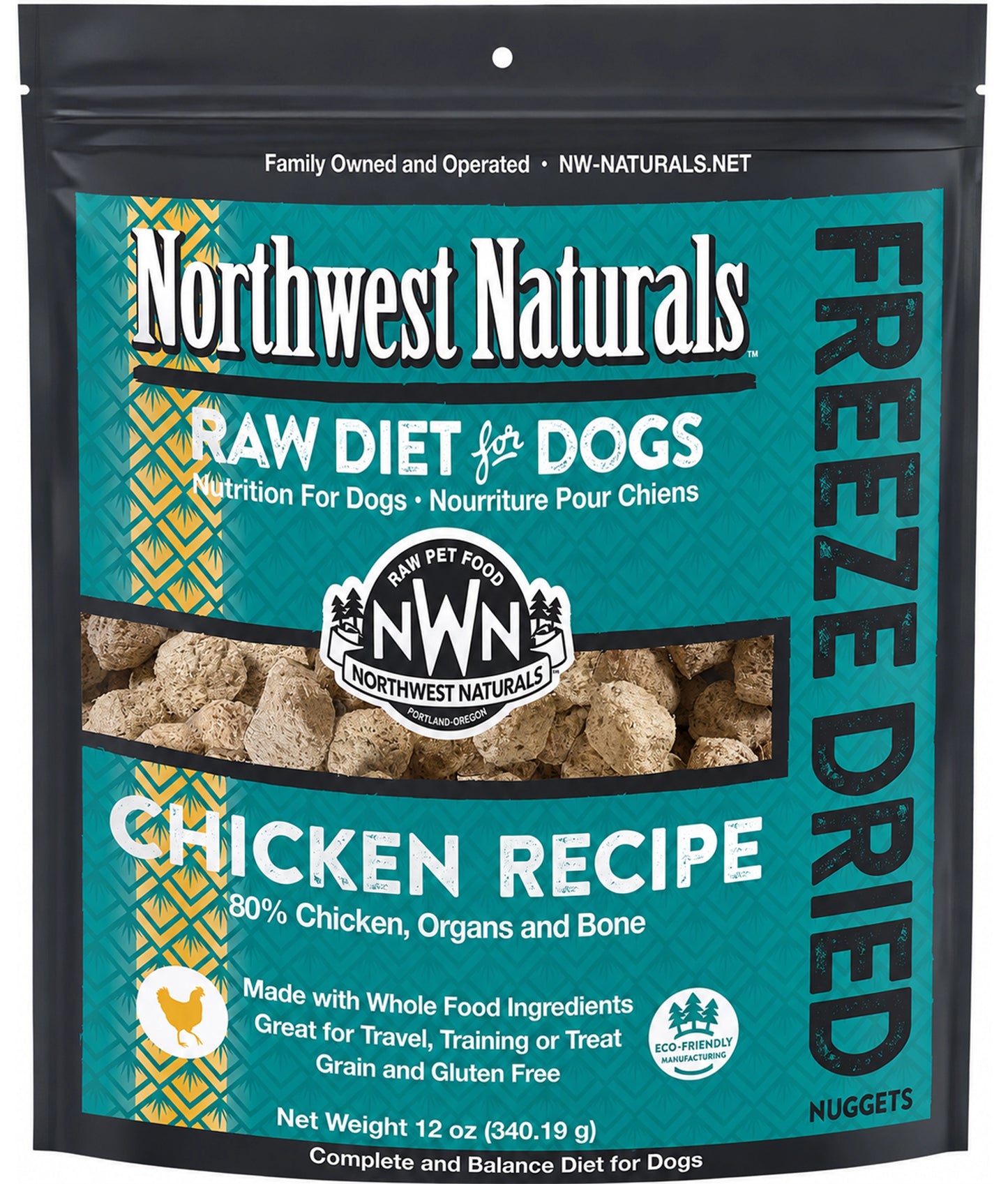 Front of Northwest Naturals Freeze Dried Raw Diet Dog Food Chicken Recipe 12-oz