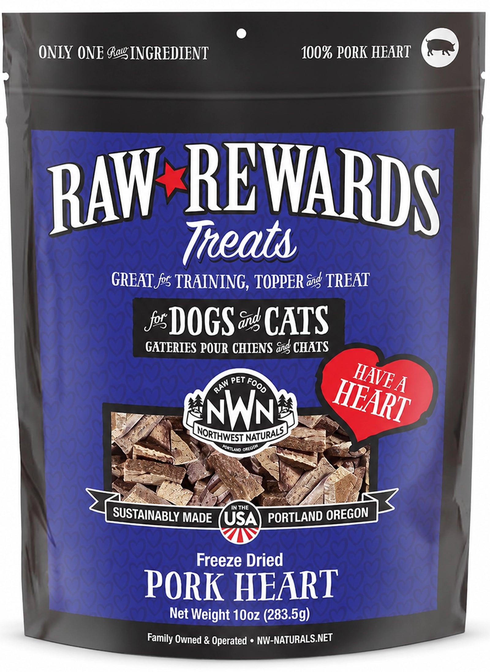 Front of Northwest Naturals Raw Rewards Freeze Dried Dog & Cat Treats Pork Heart 10-oz