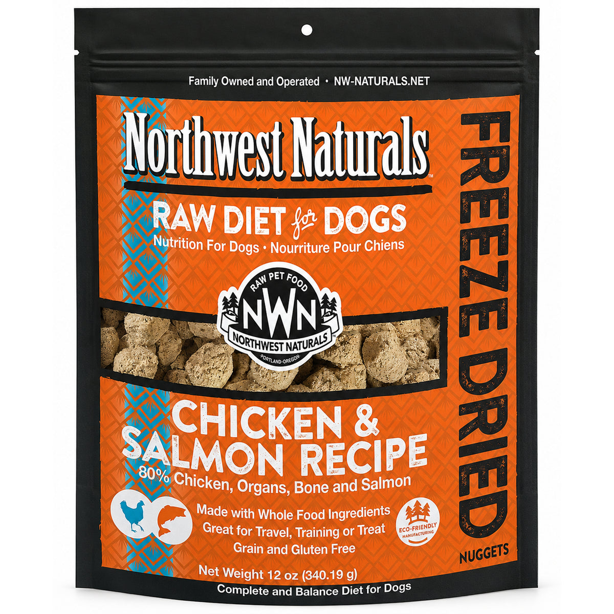 Front of Northwest Naturals Freeze Dried Raw Diet Dog Food Chicken & Salmon Recipe 12-oz