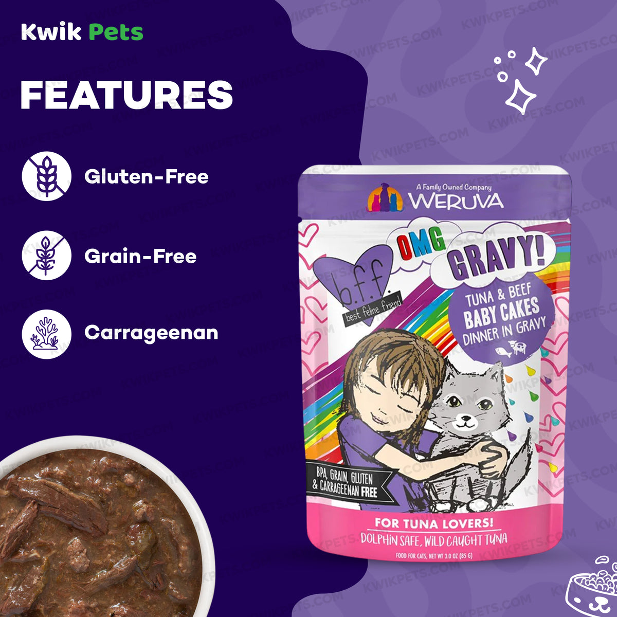 Features of Weruva B.F.F. OMG Tuna & Beef Baby Cakes Dinner in Gravy Wet Cat Food Pouches 3-oz