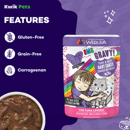 Features of Weruva B.F.F. OMG Tuna & Beef Baby Cakes Dinner in Gravy Wet Cat Food Pouches 3-oz