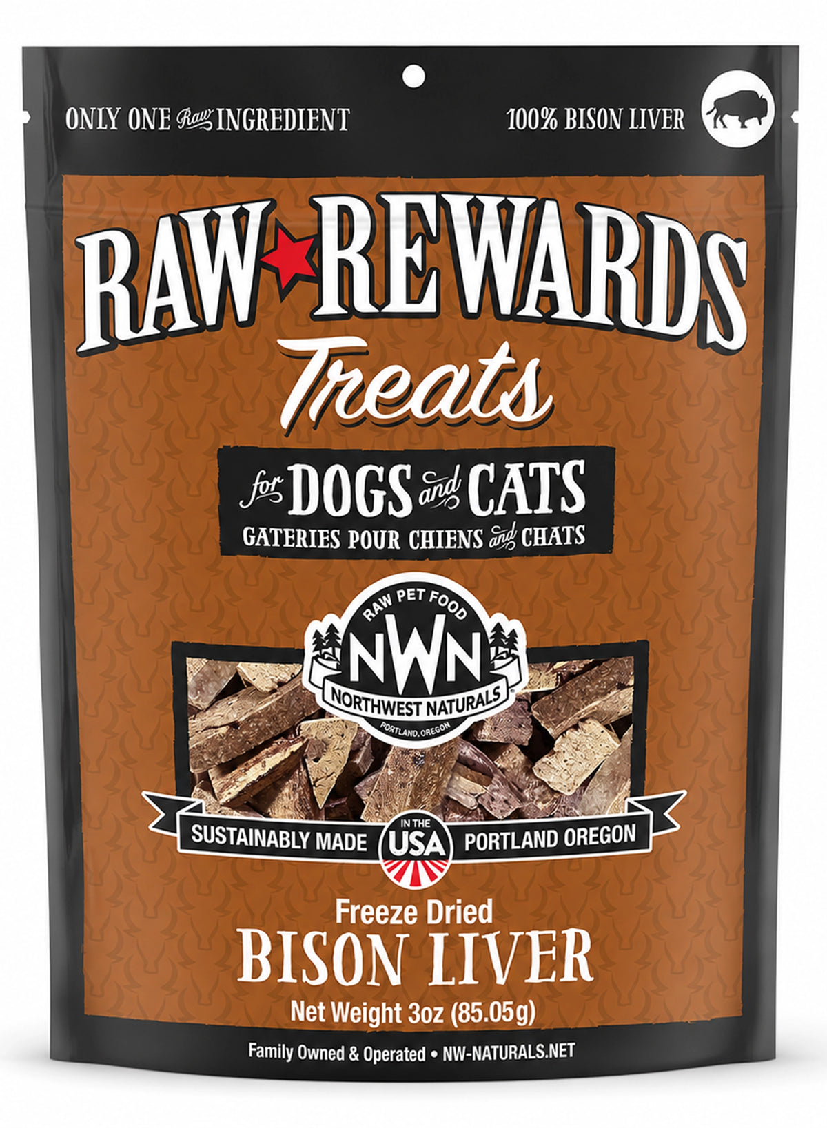 Front of Northwest Naturals Raw Rewards Freeze Dried Dog & Cat Treats Bison Liver 3-oz