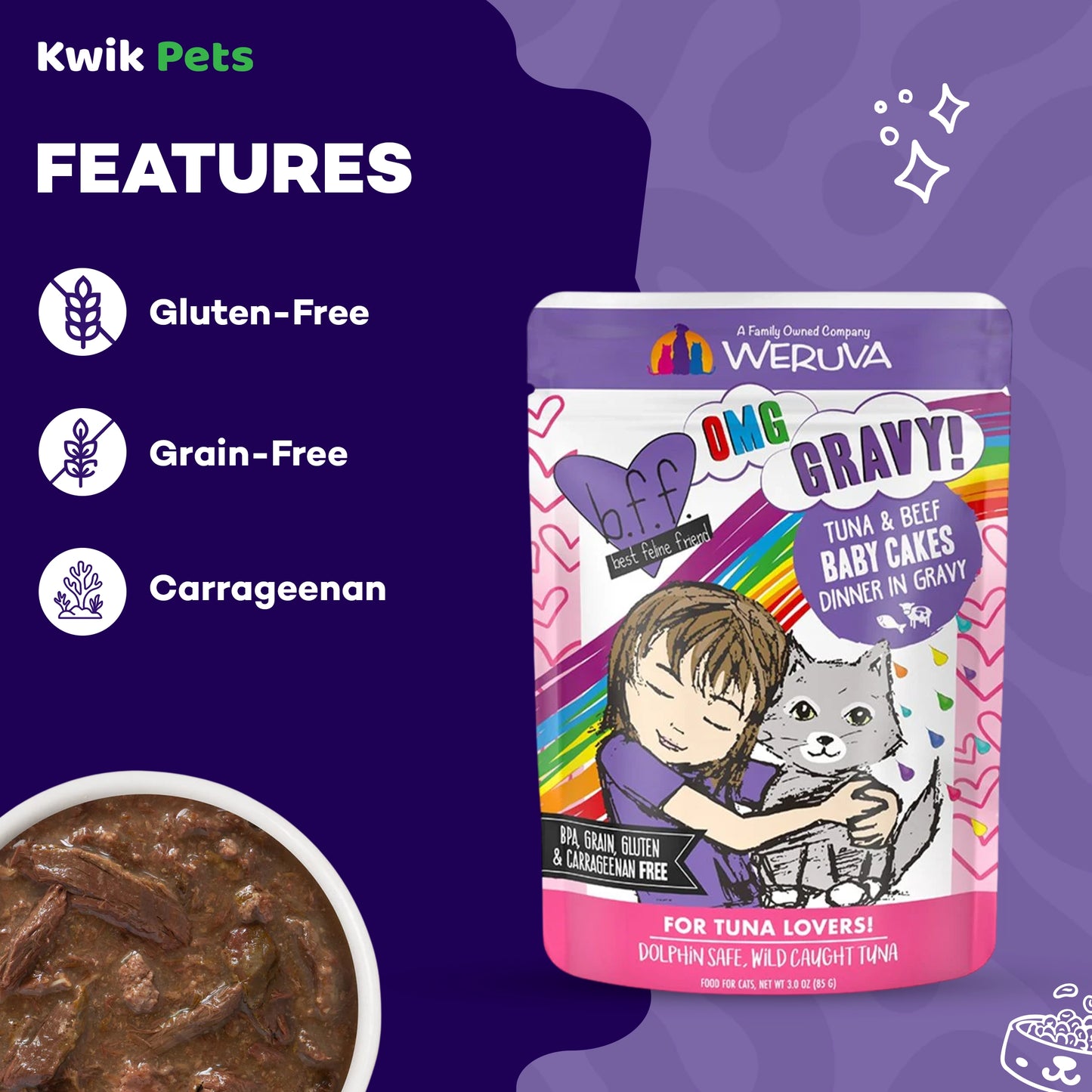 Features of Weruva B.F.F. OMG Tuna & Beef Baby Cakes Dinner in Gravy Wet Cat Food Pouches 3-oz 