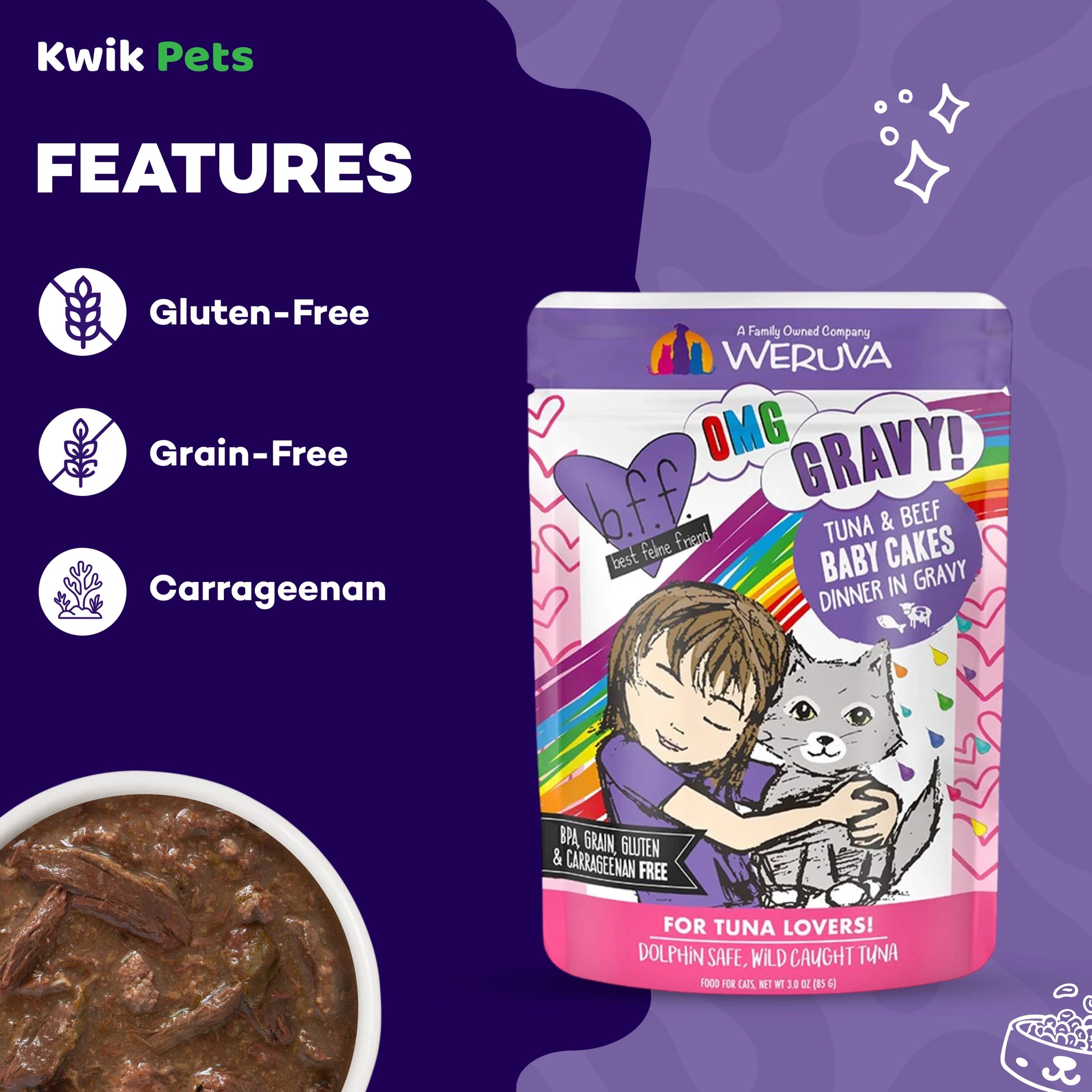 Features of Weruva B.F.F. OMG Tuna & Beef Baby Cakes Dinner in Gravy Wet Cat Food Pouches 3-oz 