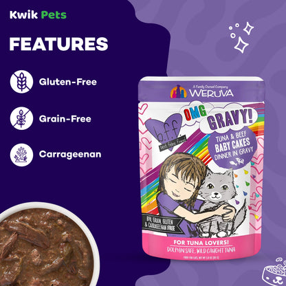 Features of Weruva B.F.F. OMG Tuna & Beef Baby Cakes Dinner in Gravy Wet Cat Food Pouches 3-oz 