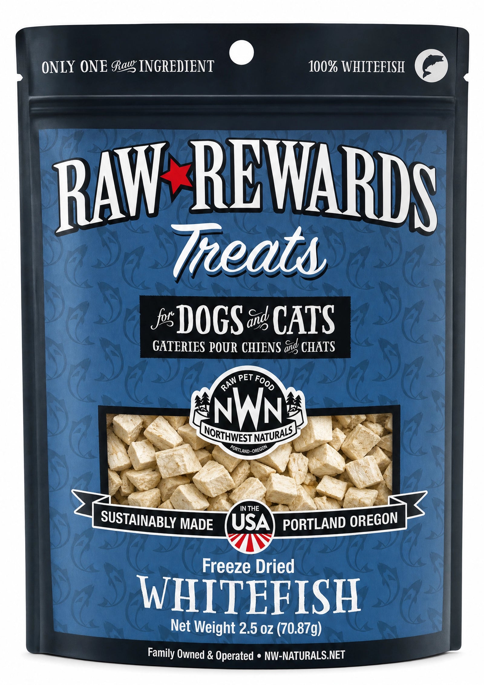 Front of Northwest Naturals Raw Rewards Freeze Dried Dog & Cat Treats Whitefish 2.5-oz