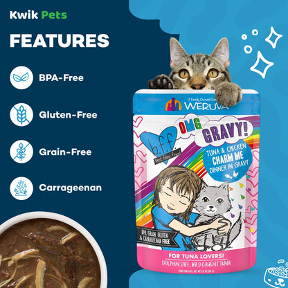 Features of Weruva B.F.F. OMG Tuna & Chicken Charm Me Dinner in Gravy Wet Cat Food Pouches 3-oz