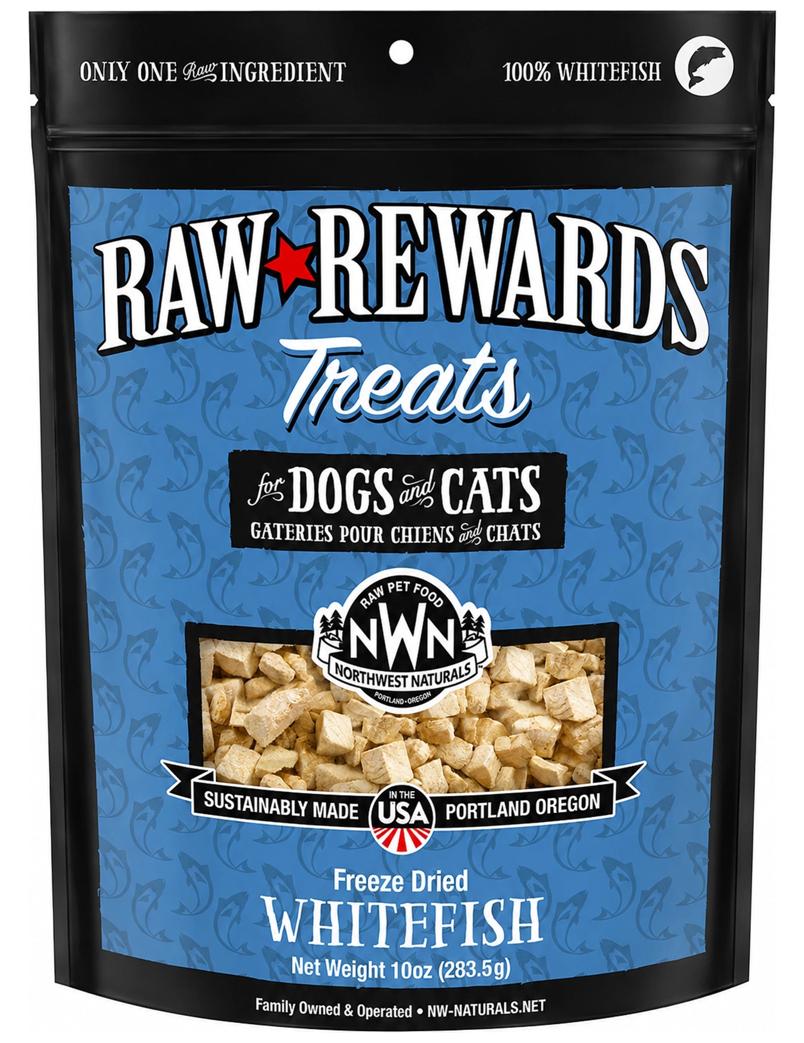 Front of Northwest Naturals Raw Rewards Freeze Dried Dog & Cat Treats Whitefish 10-oz