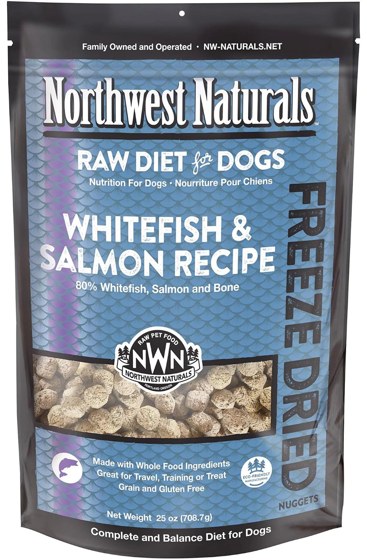 Front of Northwest Naturals Freeze Dried Raw Diet Dog Food Whitefish & Salmon Recipe 25-oz