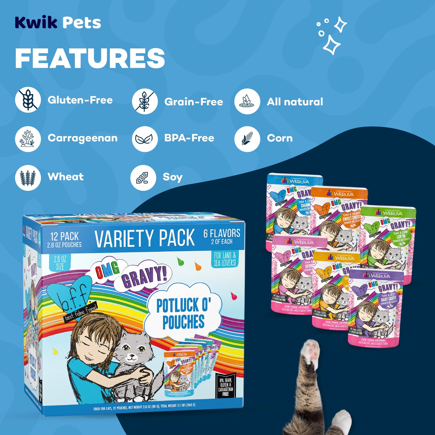 Features of Weruva B.F.F. OMG Potluck O' Pouches Variety Pack Wet Cat Food 2.8-oz Pouches 12 Count