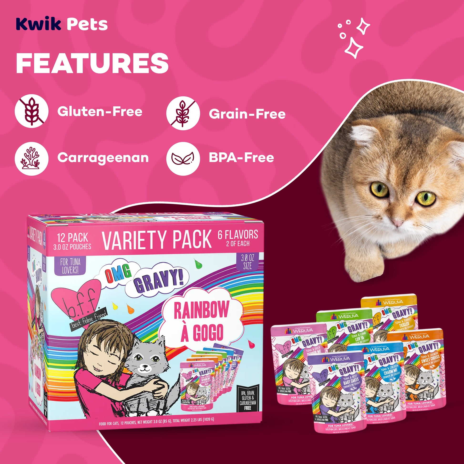 Features of Weruva B.F.F. OMG Rainbow À Gogo Variety Pack Wet Cat Food 3-oz Pouches 12 Count