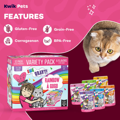Features of Weruva B.F.F. OMG Rainbow À Gogo Variety Pack Wet Cat Food 3-oz Pouches 12 Count