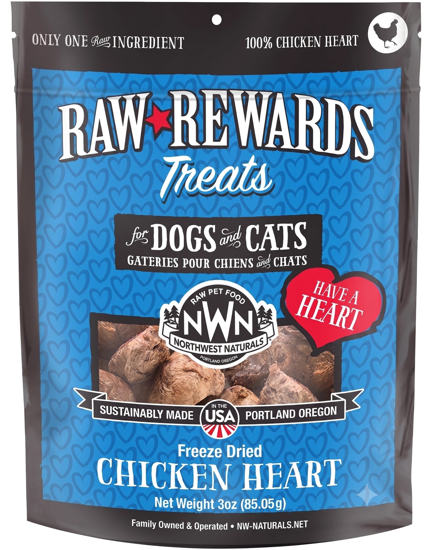 Front of Northwest Naturals Raw Rewards Freeze Dried Dog & Cat Treats Chicken Heart 3-oz