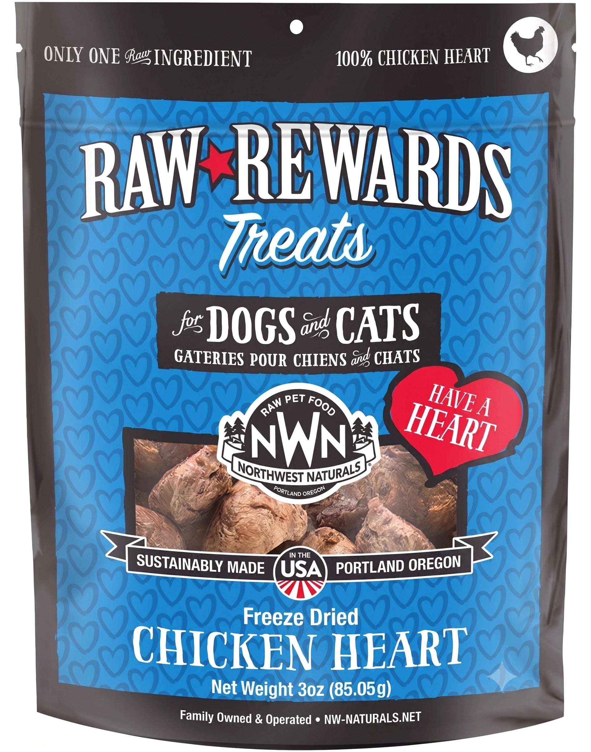 Front of Northwest Naturals Raw Rewards Freeze Dried Dog & Cat Treats Chicken Heart 3-oz