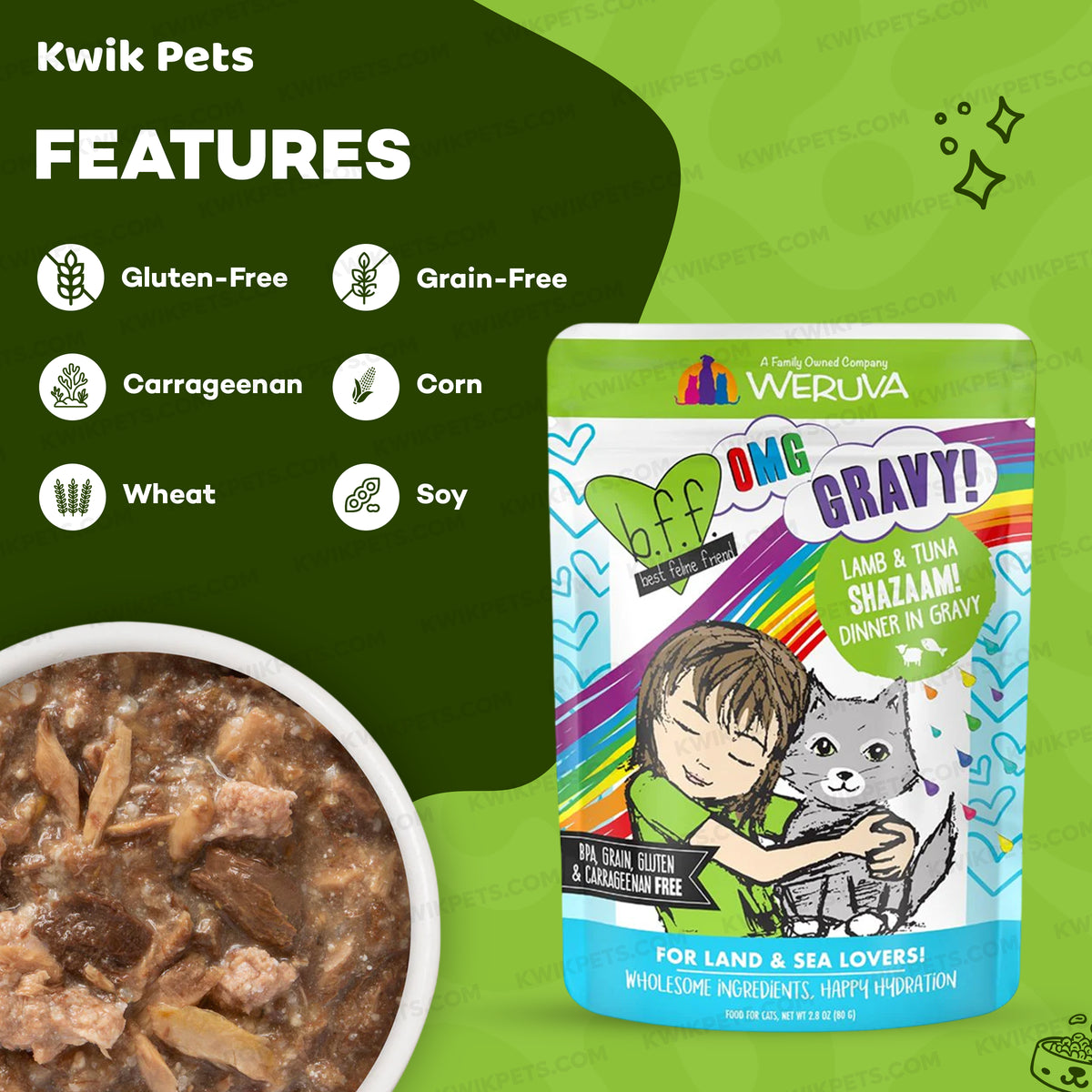 Features of Weruva B.F.F. OMG Lamb & Tuna Shazaam! Dinner in Gravy Wet Cat Food Pouches 2.8-oz