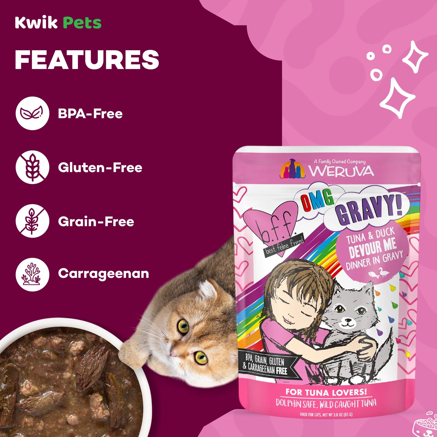 Features of Weruva B.F.F. OMG Tuna & Duck Devour Me Dinner in Gravy Wet Cat Food Pouches 3-oz