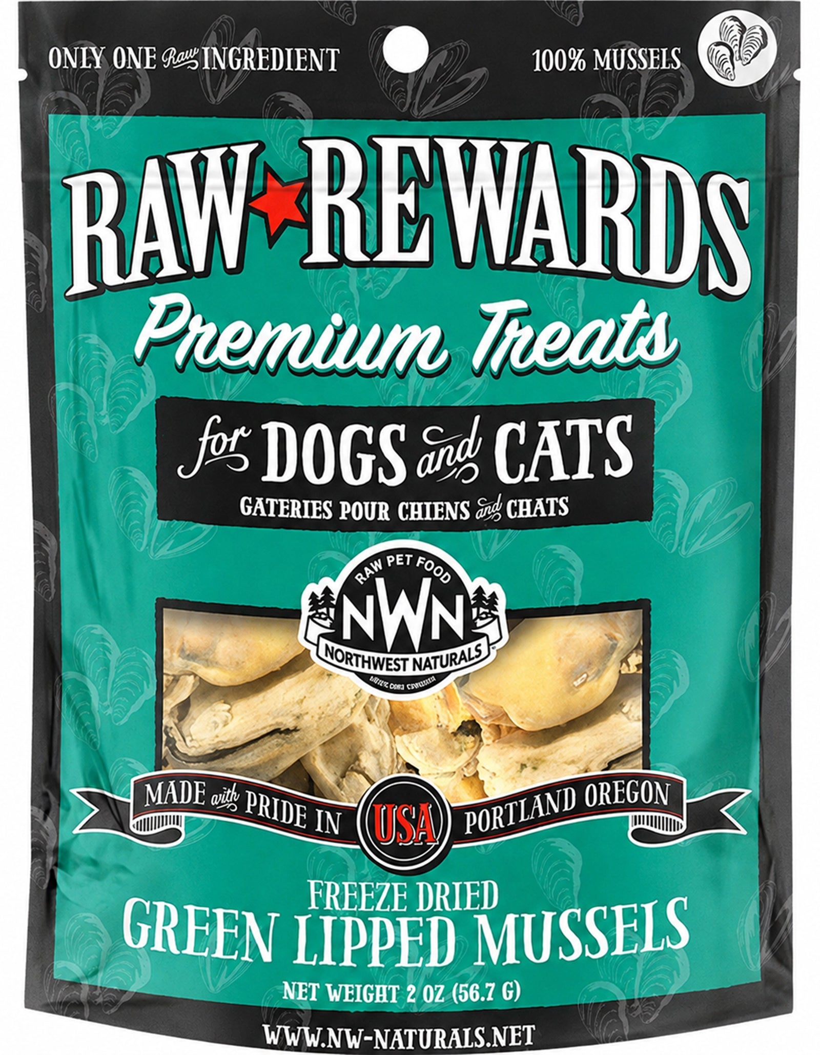 Front of Northwest Naturals Raw Rewards Freeze Dried Dog & Cat Treats Green Mussels 2-oz