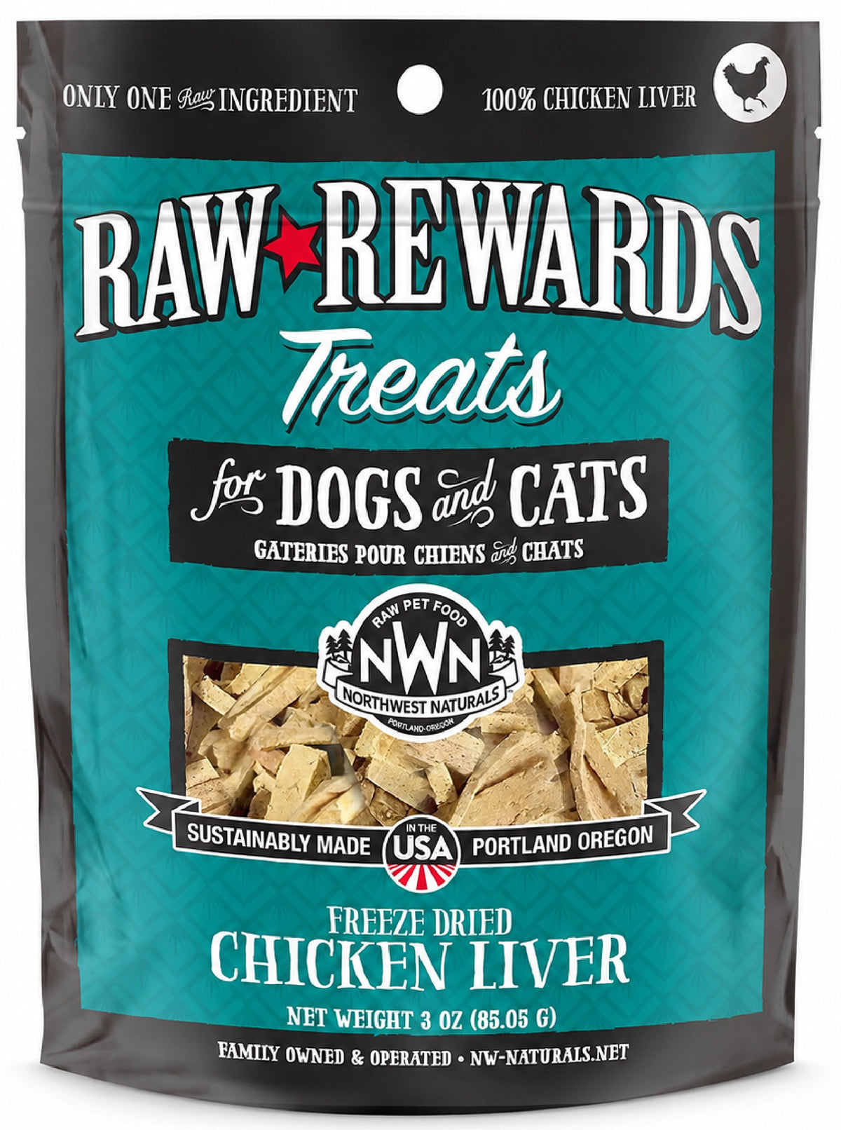 Front of Northwest Naturals Raw Rewards Freeze Dried Dog & Cat Treats Chicken Liver 3-oz