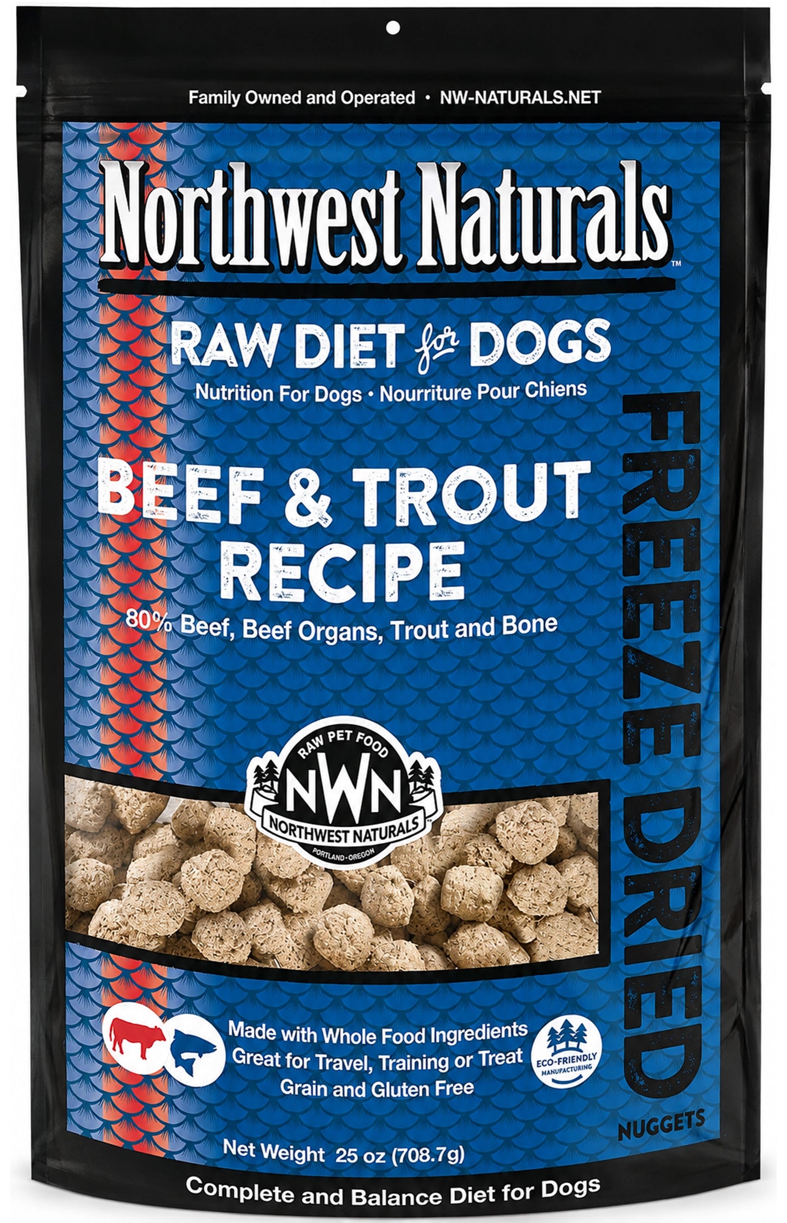 Front of Northwest Naturals Freeze Dried Raw Diet Dog Food Beef & Trout Recipe 25-oz