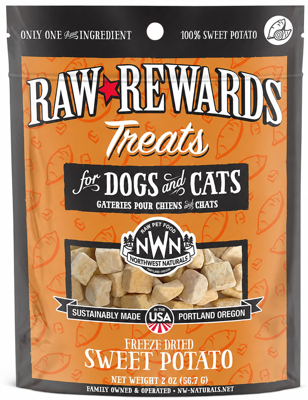 Front of Northwest Naturals Raw Rewards Freeze Dried Dog & Cat Treats Sweet Potato 2-oz