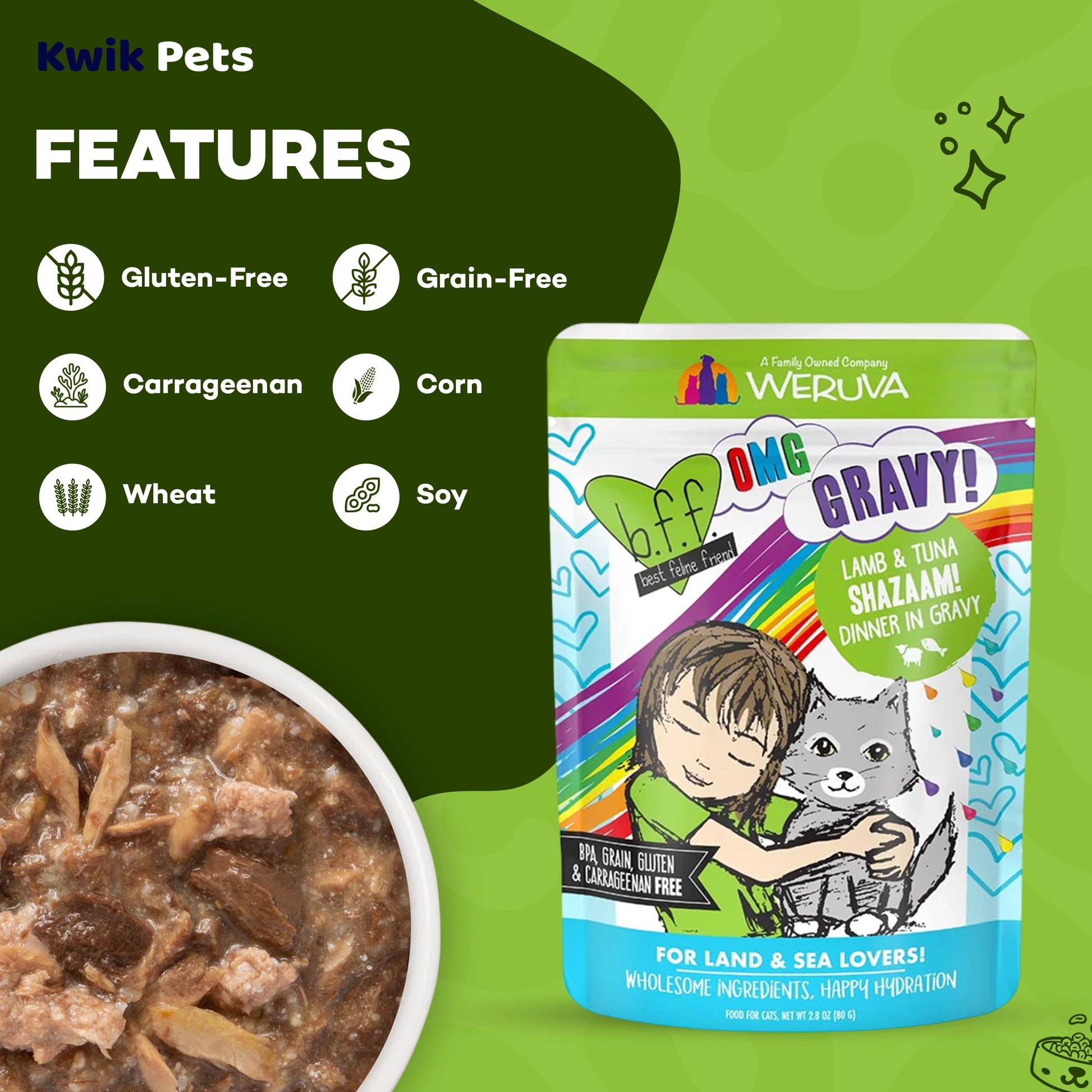 Features of Weruva B.F.F. OMG Lamb & Tuna Shazaam! Dinner in Gravy Wet Cat Food Pouches 2.8-oz