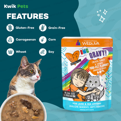 Features of Weruva B.F.F. OMG Chicken, Turkey & Salmon Purr-Fect Plannin'! Dinner in Gravy Wet Cat Food Pouches 2.8-oz