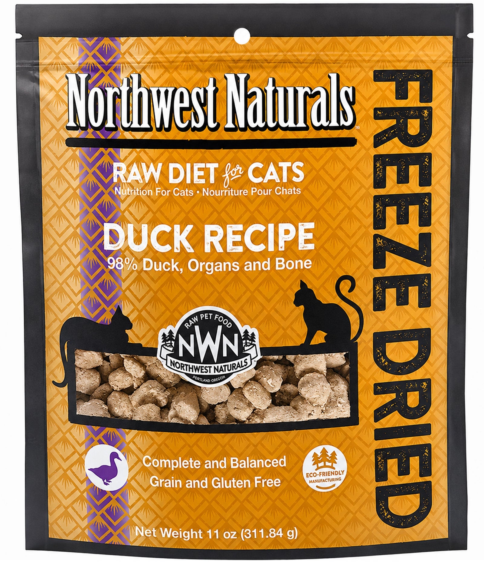 Front of Northwest Naturals Freeze Dried Raw Diet Cat Food Duck Recipe 11-oz