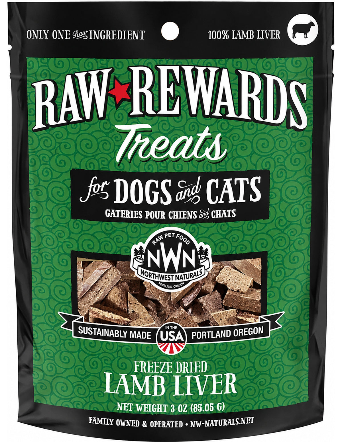Front of Northwest Naturals Raw Rewards Freeze Dried Dog & Cat Treats Lamb Liver 3-oz