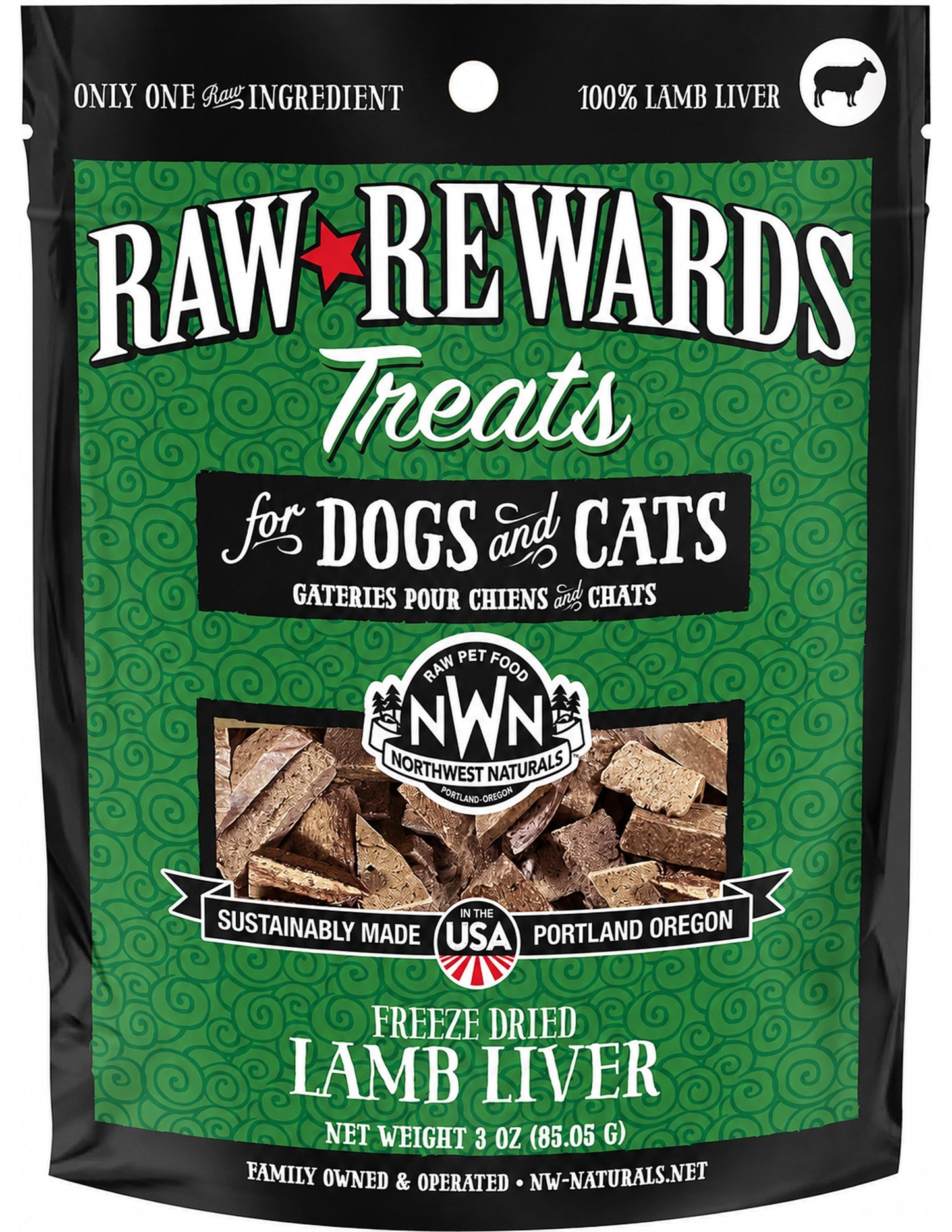 Front of Northwest Naturals Raw Rewards Freeze Dried Dog & Cat Treats Lamb Liver 3-oz