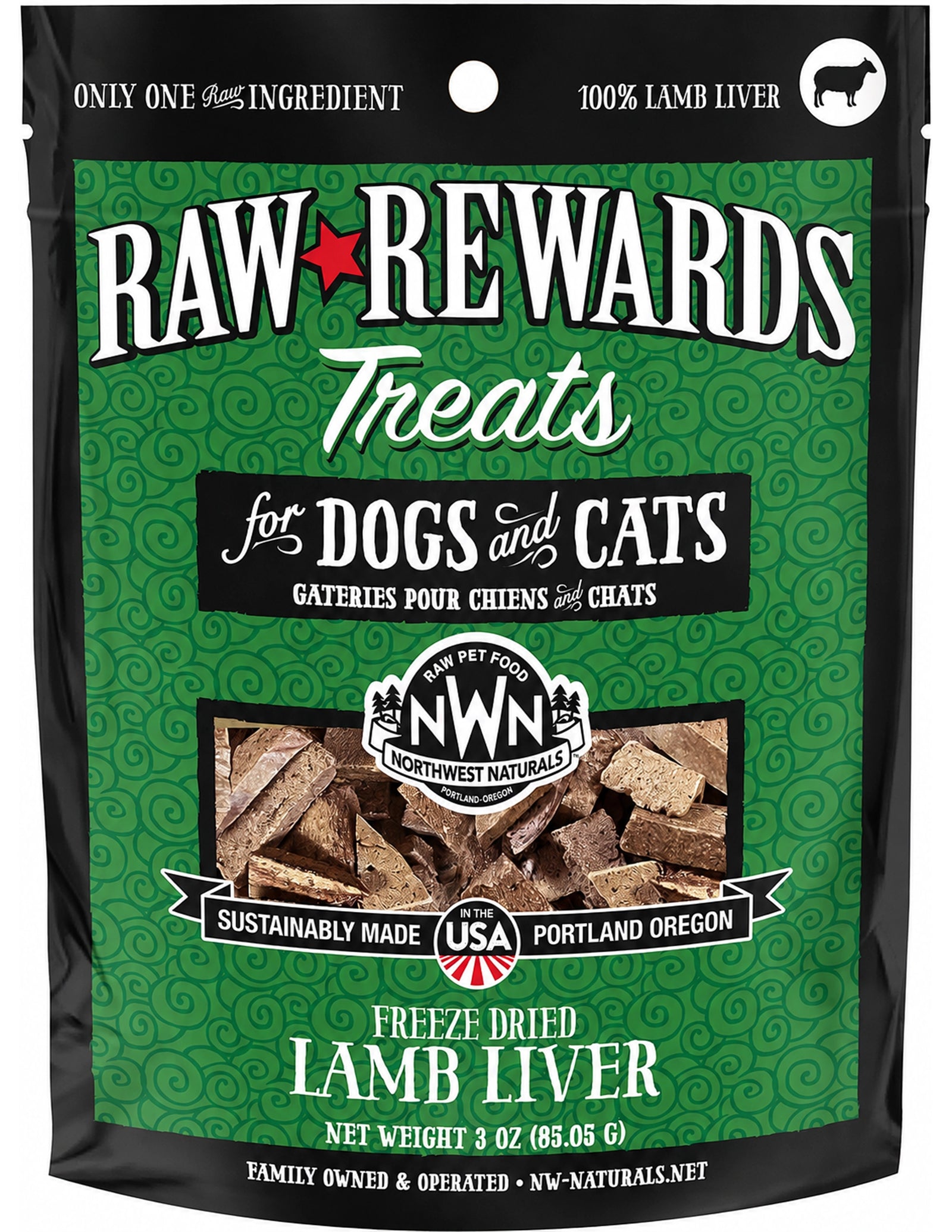 Front of Northwest Naturals Raw Rewards Freeze Dried Dog & Cat Treats Lamb Liver 3-oz