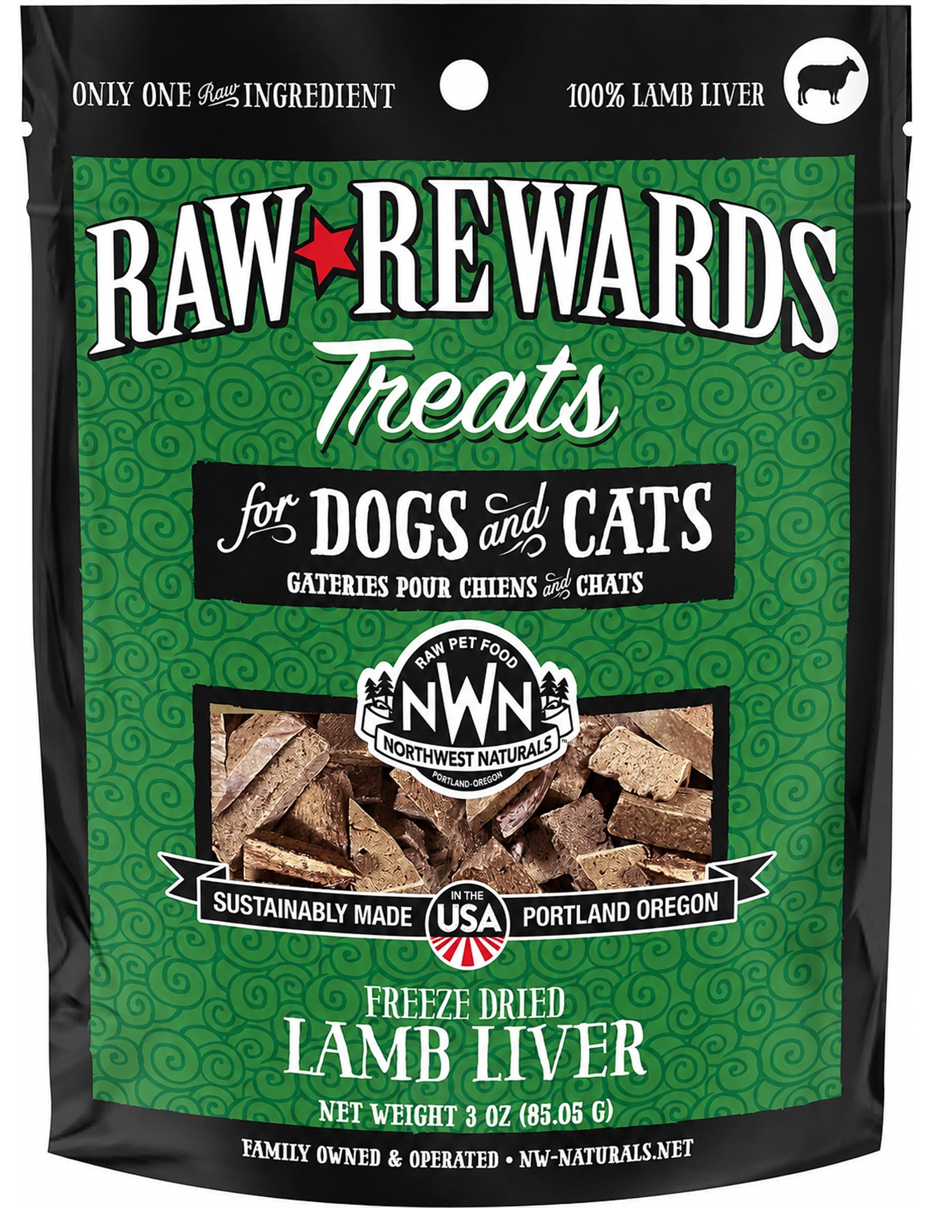 Front of Northwest Naturals Raw Rewards Freeze Dried Dog & Cat Treats Lamb Liver 3-oz