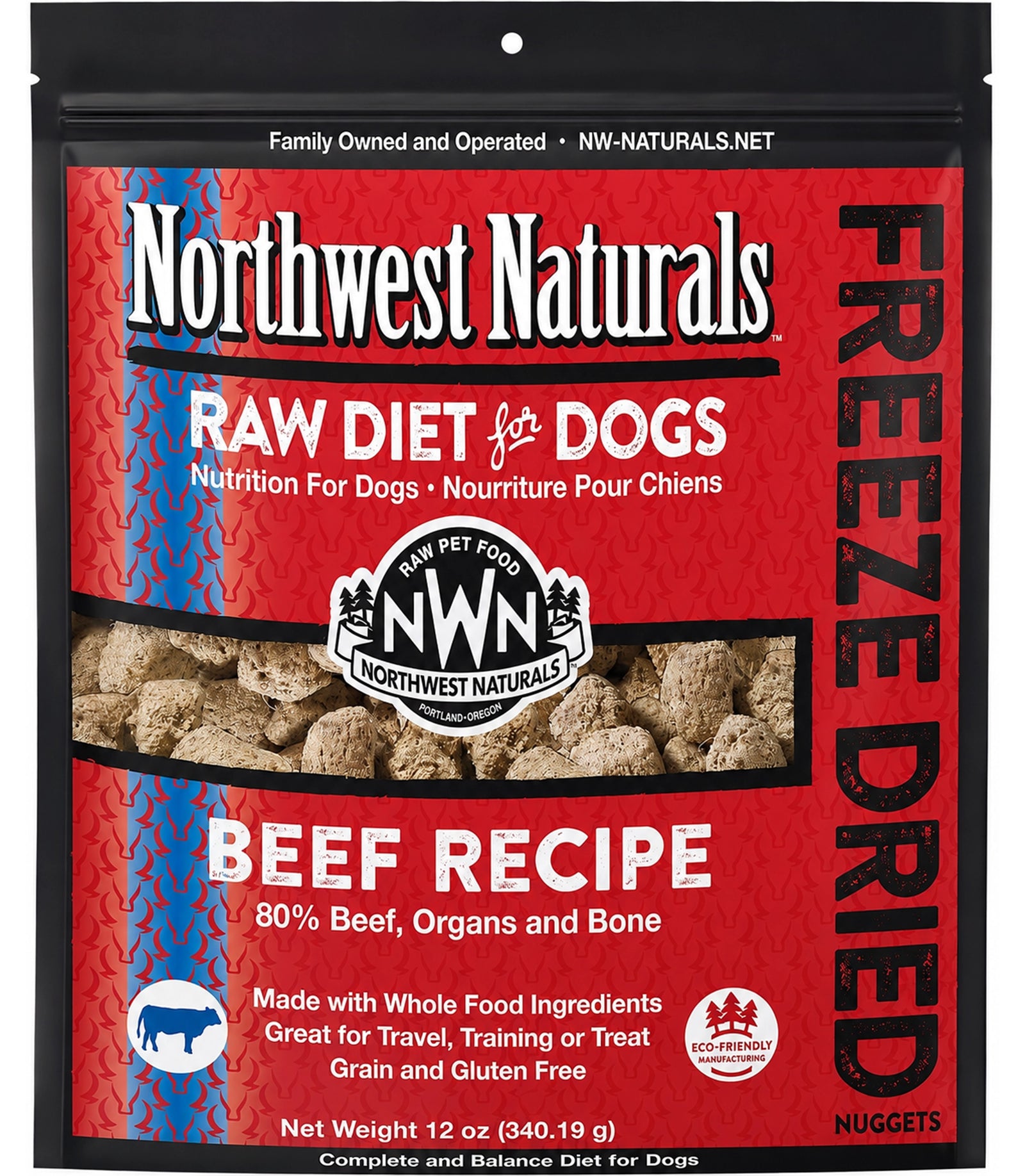 Front of Northwest Naturals Freeze Dried Raw Diet Dog Food Beef Recipe 12-oz