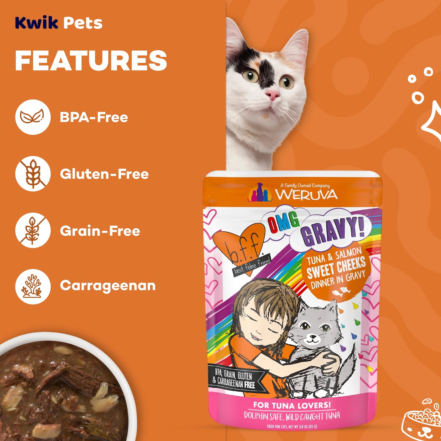 Features of Weruva B.F.F. OMG Tuna & Salmon Sweet Cheeks Dinner in Gravy Wet Cat Food Pouches 3-oz