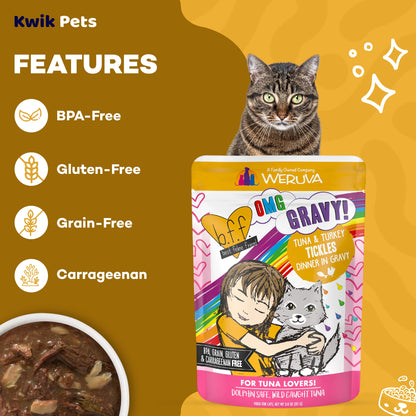 Features of Weruva B.F.F. OMG Tuna & Turkey Tickles Dinner in Gravy Wet Cat Food Pouches 3-oz