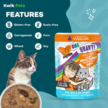 Features of Weruva B.F.F. OMG Chicken, Turkey & Salmon Purr-Fect Plannin'! Dinner in Gravy Wet Cat Food Pouches 2.8-oz